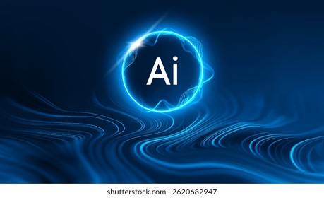 AI Background Abstract Data Digital Tech Science Blue Light Network Vector. 3D Wave Cell Medical Flow Research Graphic. Healthcare Virtual Molecular Lab System Protect Dynamic.