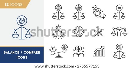 AI Balance And Decision Comparison Line Icons Set With Artificial Intelligence Evaluation Symbols