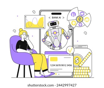 Banco de IA lineal. Alfabetización financiera y ocupación. Inteligencia artificial y aprendizaje automático. Presupuestos y contabilidad. Ilustración plana simple del vector aislada en el fondo blanco