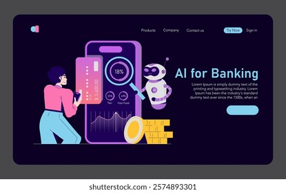 AI in Banking concept. A user interacts with an advanced AI-powered financial application for banking analytics and services. Financial technology evolution. Vector illustration.