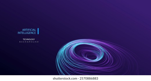 Ai banner background. Futuristic technology circular lines glowing concept. Digital round network vector design. Stream big data internet texture.