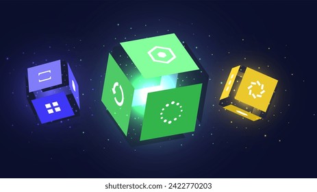 Ai banner with cubes concept. Artificial intellegence and machine learning. Green, blue and yellow objects. Modern technologies and innovations. Cartoon isometric vector illustration