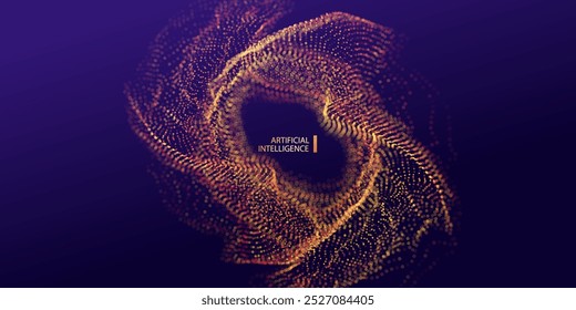 ANUNCIO de IA. Explosión de puntos de partículas en big data. Tecnología de neón de fondo redondo. Inteligencia Artificial futurista conecta la red. Afiche de sonido disco.