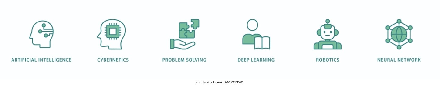 AI banner web icon vector illustration concept of artificial intelligence with icon of cybernetics, problem-solving, deep learning, machine learning, robotics and neural network