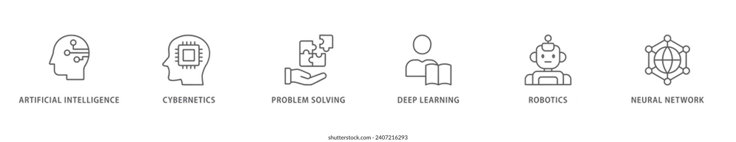 Icono de la telaraña de la IA concepto de ilustración vectorial de la inteligencia artificial con icono de la cibernetica, resolución de problemas, aprendizaje profundo, aprendizaje automático, robótica y red neuronal