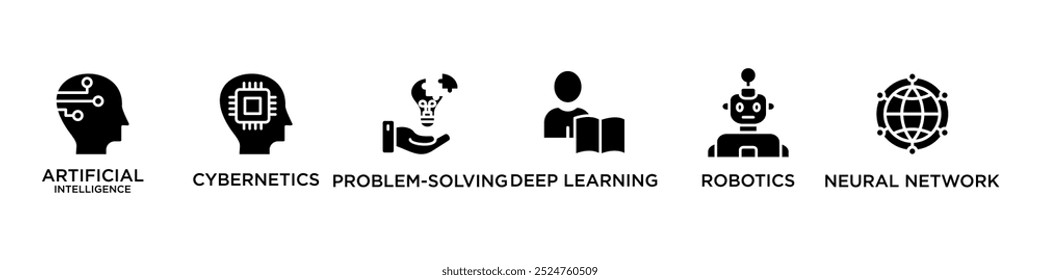 Ai banner web icon vector illustration concept of artificial intelligence with icon of cybernetics, problem-solving, deep learning, machine learning, robotics and neural network