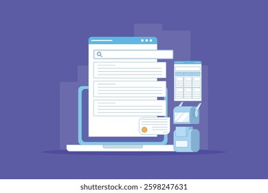 AI based search result concept, Artificial intelligence integrated with search engine, AI search result. AI search application, displaying content based on data. Vector landing page.
