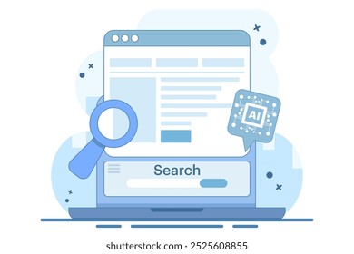 Concepto de estrategia de SEO basado en IA, contenido de SEO generado por IA, marketing digital con tecnología de IA, automatización de SEO, Ilustración vectorial plana en segundo plano.