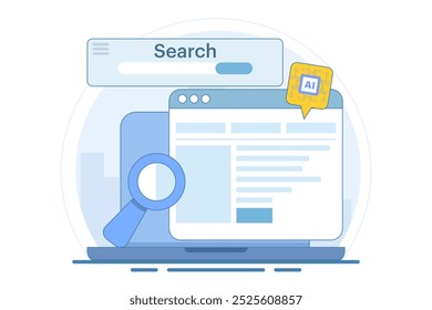 Conceito de estratégia de SEO com base em IA, conteúdo de SEO gerado por IA, marketing digital com tecnologia de IA, automação de SEO, ilustração de vetor plano em segundo plano.