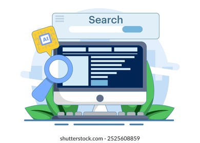 AI based SEO Strategy Concept, AI generated SEO content, Digital marketing with AI technology, SEO automation, flat vector illustration on background.