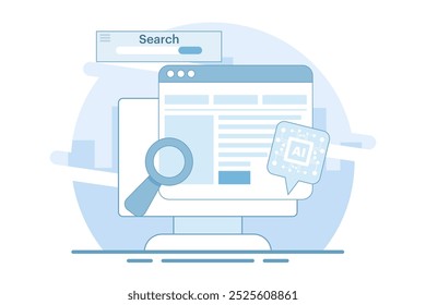 Conceito de estratégia de SEO com base em IA, conteúdo de SEO gerado por IA, marketing digital com tecnologia de IA, automação de SEO, ilustração de vetor plano em segundo plano.