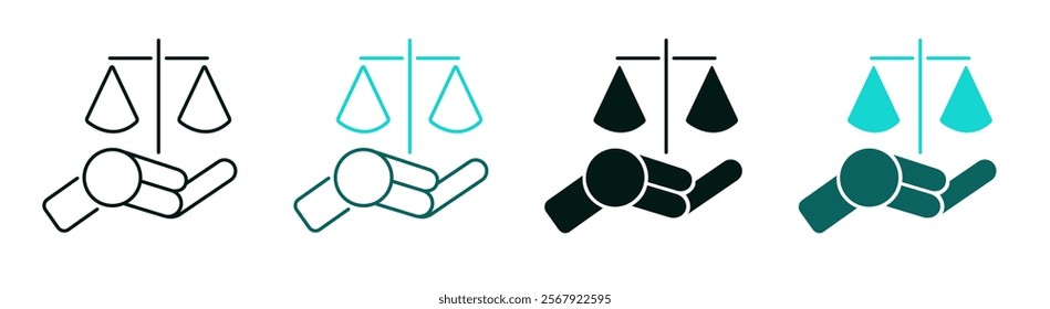 AI Bias icon for web and mobile. Robot hand holding a scale. Technology, Artificial Intelligence, compliance, ethical standards, best practices and Bias mitigation concept. Editable vector stroke.