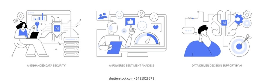 AI in Big Data abstract concept vector illustration set. AI-Enhanced Data Security, AI-Powered Sentiment Analysis, Data-Driven Decision Support by AI, threat analysis abstract metaphor.