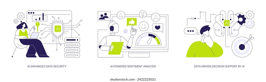 AI in Big Data abstraktes Konzept Vektorgrafik Set. AI-Enhanced Data Security, AI-Powered Sentiment Analysis, Data-based Decision Support by AI, abstrakte Bedrohungsanalyse-Metapher.