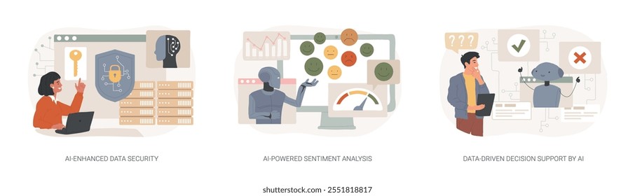 AI in Big Data abstract concept vector illustration set. AI-Enhanced Data Security, AI-Powered Sentiment Analysis, Data-Driven Decision Support by AI, threat analysis abstract metaphor.