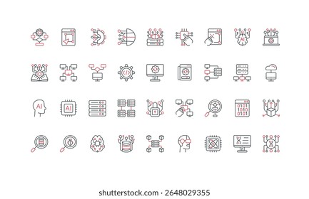 IA e ciência de big data, algoritmo e estrutura, rede de servidor futurista e conjunto de ícones de linha de nuvem. Interação do usuário e IA, soluções inteligentes, símbolos finos em preto e vermelho do microchip ilustração vetorial