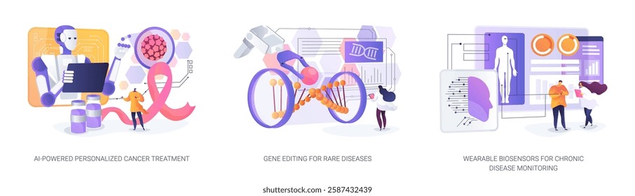 AI and Biotech Revolutionizing Healthcare abstract concept vector illustration set. Personalized cancer therapies, CRISPR gene editing, real-time monitoring with wearable devices. abstract metaphor.