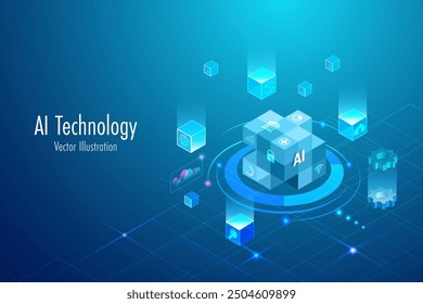 AI in block chain technology. Artificial intelligence technology revolution and development, machine learning. Implement of robotic research in business, medical and data science