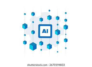 Integración de blockchain de IA para la transformación digital y la innovación segura en los negocios. Inteligencia artificial trabajando con tecnología blockchain de registro distribuido. Ilustración vectorial plana