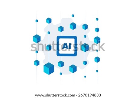 AI blockchain integration for digital transformation and secure innovation in business. Artificial intelligence working with distributed ledger blockchain technology. Flat vector illustration