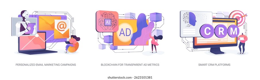 AI and Blockchain for Marketing abstract concept vector illustration set. AI-driven email campaigns, blockchain-based ad performance reporting, and AI-powered CRM tools. abstract metaphor.