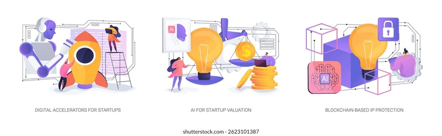 AI and Blockchain for Startups abstract concept vector illustration set. Mentorship platforms, AI-driven growth predictions, blockchain-secured intellectual property for startups. abstract metaphor.