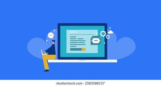 AI blog writing, Artificial intelligence generating blog content, generative AI, AI content - vector illustration concept with icons