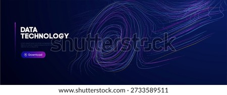 Ai blue data with flow wave background for light abstract code. Digital technology particle with purple connection cube for podcast sound futuristic. Line future network with white binary tech.