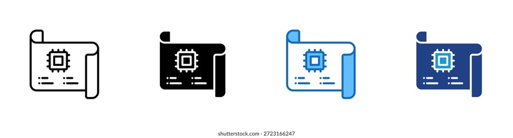 AI Blueprint Multiple Style Icon Design Vetor - Especificações técnicas que representam a arquitetura, o planejamento e a estrutura do sistema de inteligência artificial