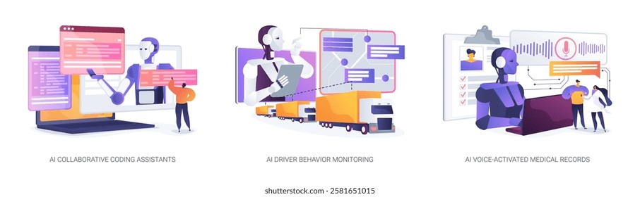 AI Boosting Workflows and Safety abstract concept vector illustration set. Real-time coding assistance, driver behavior monitoring, and hands-free patient record updates with AI. abstract metaphor.