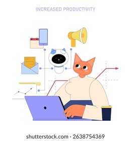 AI boosts mid-sized business productivity through enhanced digital tools, symbolized by an anthropomorphic cat using a laptop with various tech icons around.