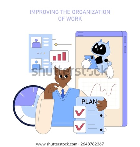 AI Boosts Mid-Sized Businesses Productivity concept. Cartoon cats using advanced technology to enhance workflow efficiency and organization.