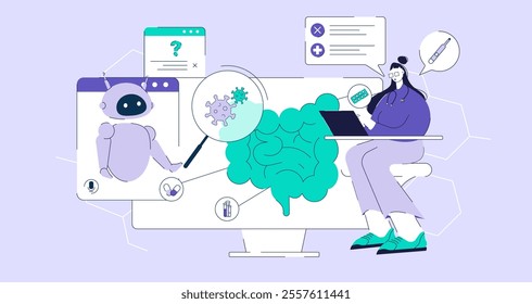 AI bot assist medical doctor diagnosis and solving patient health problem. Artificial intelligence technology in medical and heath care school. Vector illustration