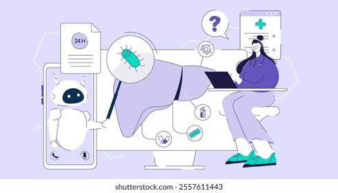 AI bot assist medical doctor diagnosis and solving patient health problem. Artificial intelligence technology in medical and heath care school. Vector illustration