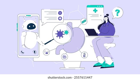 AI bot assist medical doctor diagnosis and solving patient health problem. Artificial intelligence technology in medical and heath care school. Vector illustration