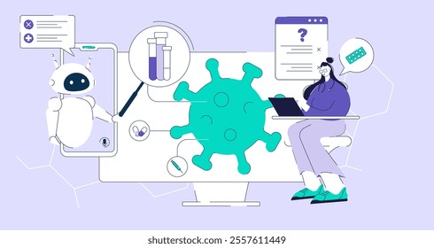 AI bot assist medical doctor diagnosis and solving patient health problem. Artificial intelligence technology in medical and heath care school. Vector illustration