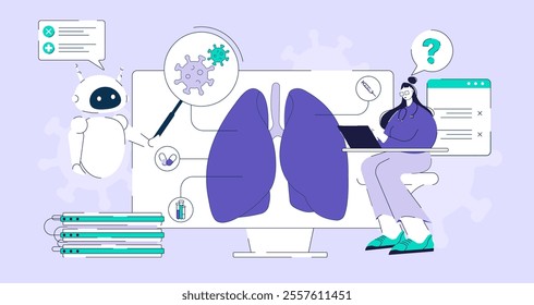 AI bot assist medical doctor diagnosis and solving patient health problem. Artificial intelligence technology in medical and heath care school. Vector illustration