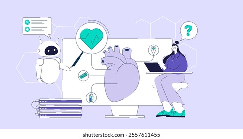 AI bot assist medical doctor diagnosis and solving patient health problem. Artificial intelligence technology in medical and heath care school. Vector illustration