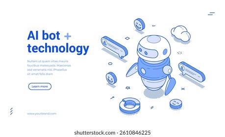 AI bot technology artificial intelligence GPT chatbot isometric web banner vector illustration. Automated digital technology assistance robotic communication network support help service landing page