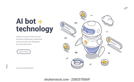 AI bot technology modern isometric line art web banner, landing page template. Futuristic AI chat bot surrounded by cheerful emoticons and chat icons in a vibrant digital landscape