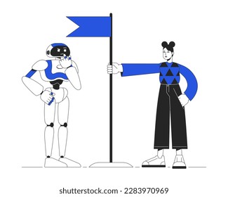 AI bot training duo color line concept vector spot illustration. Editable 2D flat duotone cartoon characters on white for web design. Chatbot deep learning creative idea for website, social media