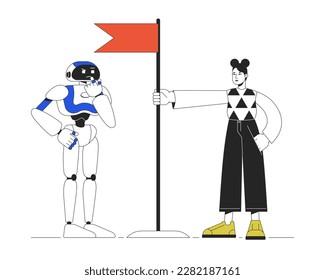 AI bot training line concept vector spot illustration. Editable 2D flat colour cartoon characters on white for web design. Chatbot deep learning creative lineart idea for website, mobile, blog