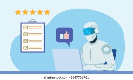 Ai bot working on a computer at a desk and analyzing data. Next to it is a hand with a thumbs up, and this to the list. Checklist with all the fields filled in positively. Correctly performed test.