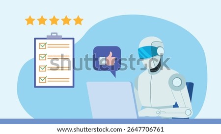 Ai bot working on a computer at a desk and analyzing data. Next to it is a hand with a thumbs up, and this to the list. Checklist with all the fields filled in positively. Correctly performed test.
