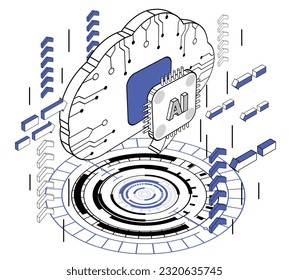 AI Brain, tecnología de Inteligencia Artificial digital futurista, Isometric vector ilustración diseño plano aislado. Contorno, estilo lineal de dos tonos, línea de dibujo, trazo modificable.