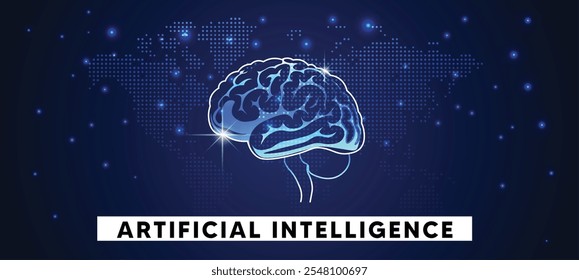 AI CÉREBRO inteligente artificial brilhante cérebro em pontilhado mundo mapa vetor poster