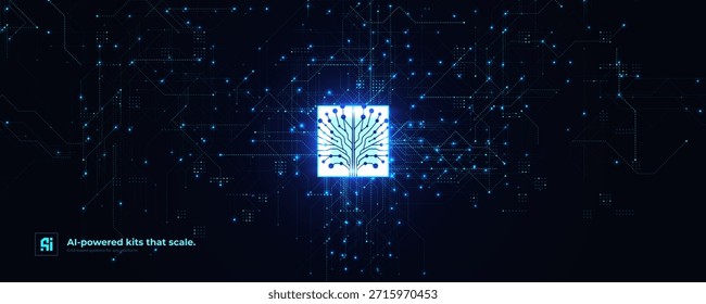 AI Brain Chip Digital Technology Abstract Data Background. Microprocessor Semiconductor Microchip Processor Motherboard Glow Blue Digital Signal. Artificial Intelligence Server. Vector Illustration