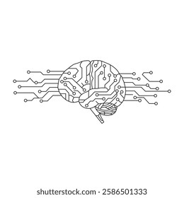 AI Brain Circuit – Artificial Intelligence Chip in Neural Network. Vector illustration of a brain with a microchip labeled "AI," symbolizing artificial intelligence and neural networks.