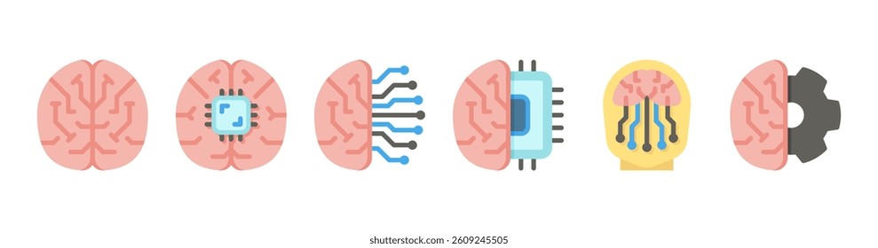 AI Brain Flat Icons Set for Neural Network Chip and Technology