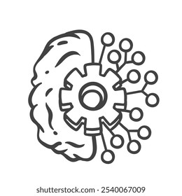 AI brain with gear and circuit line icon. Outline hand drawn digital artificial intelligence element with processor. Neural network, machine learning mascot, sketch of AI icon vector illustration